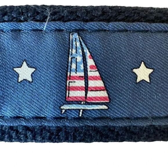 Vineyard Vines America’s Cup Navy Sailboats Canvas Club Belt Brown Leather SZ 44 - Picture 4 of 8